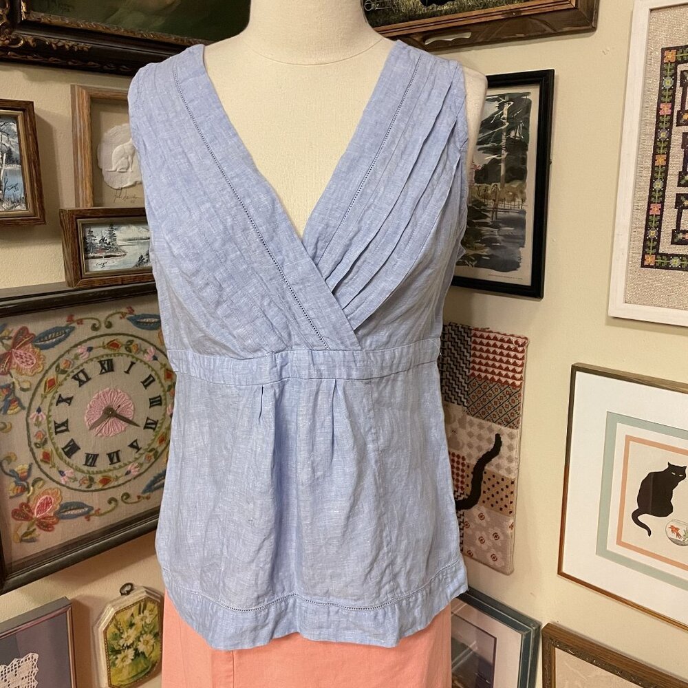 Lands End Womens Sleeveless Linen Blouse Size 14 Light Blue